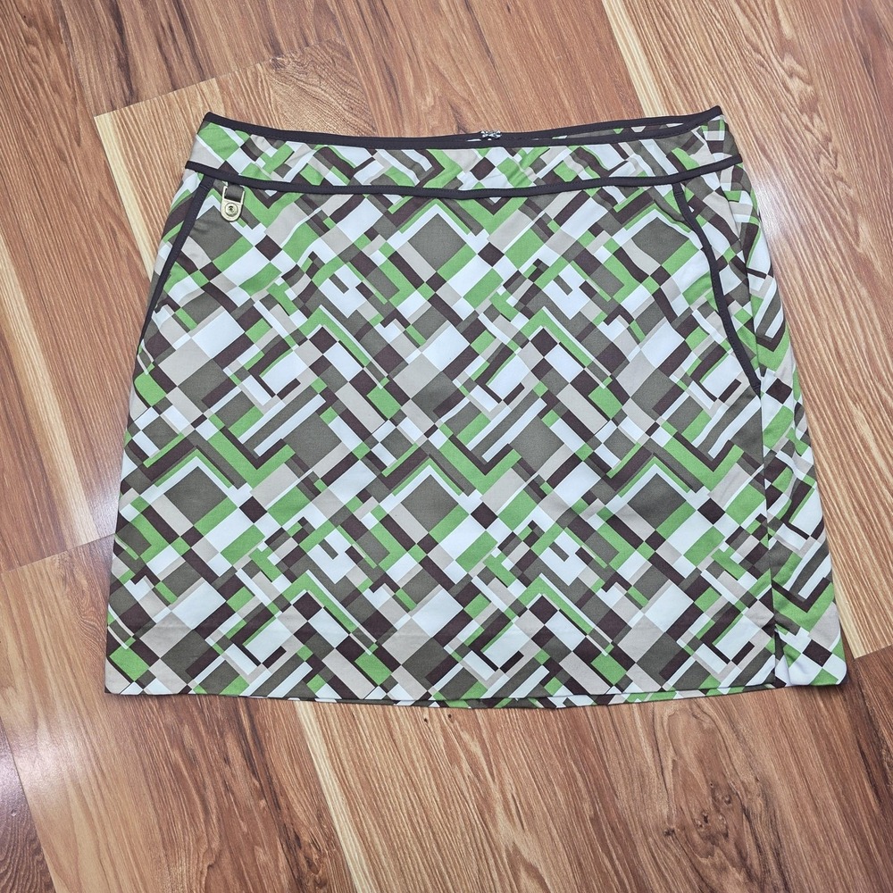 Liz Claiborne Skort Womens 8 Green Brown Geometric Print Lined Pockets Stretch
